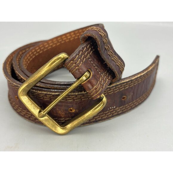 L.L. Bean Brown Leather Belt W/ Brass Buckle Size 38 - Picture 1 of 7